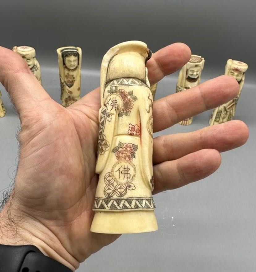 Raro conjunto esculturas sete imortais em osso
