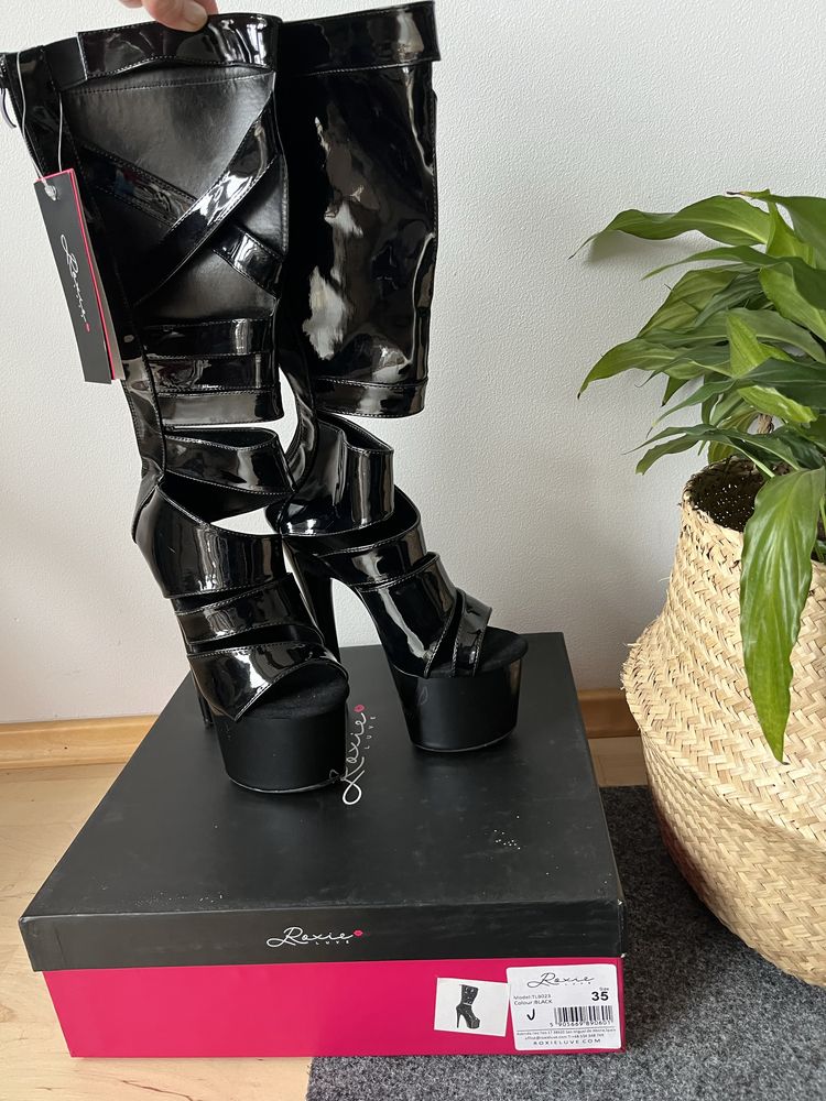 Kozaki rzemyki wet-look latex r. 35 czarne nowe