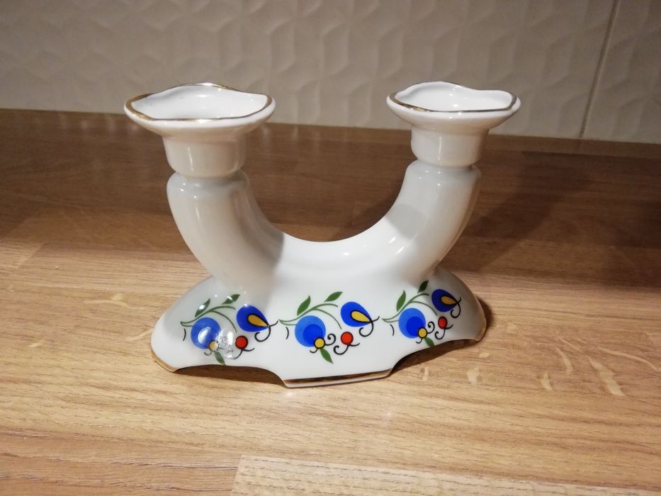 świecznik porcelana Lubiana dwuramienny wzór kaszubski