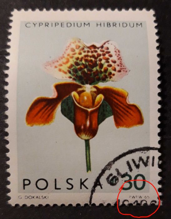 Znaczek pocztowy Storczyki, Fi 1464 z błędem. Kasowany.