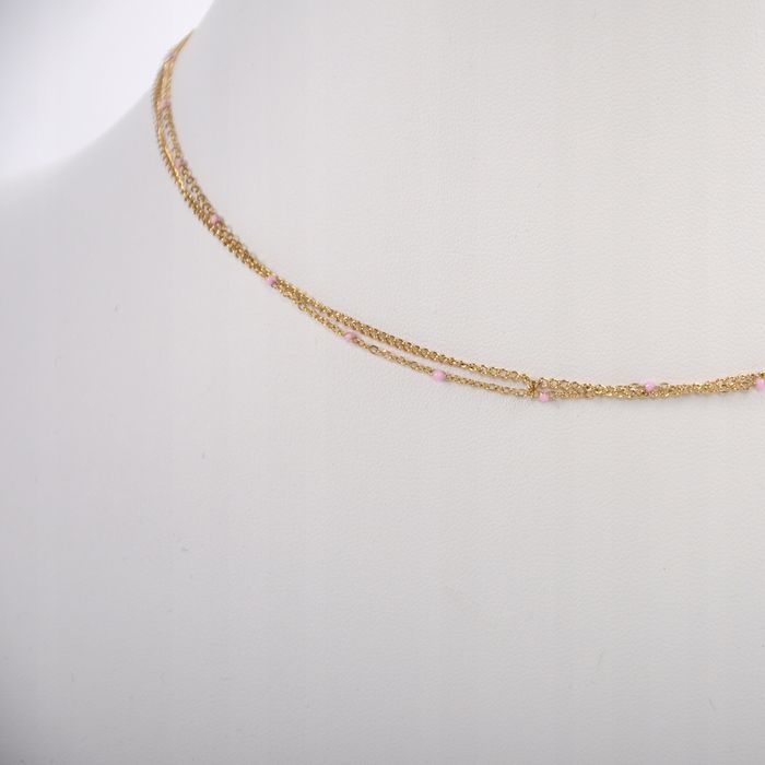 Łańcuszek Celebrytka Podwójna Różowe Koraliki Stal