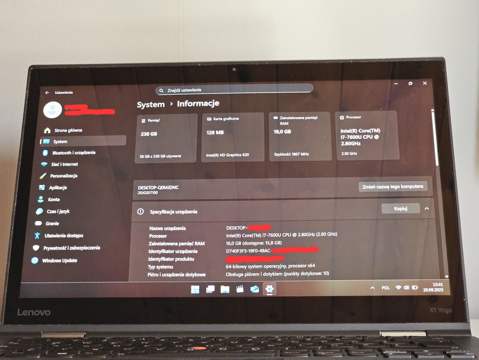 Lenovo ThinkPad Yoga X1 14' i7 16GB DDR4 256GB Dotykowy i obrotowy ekr