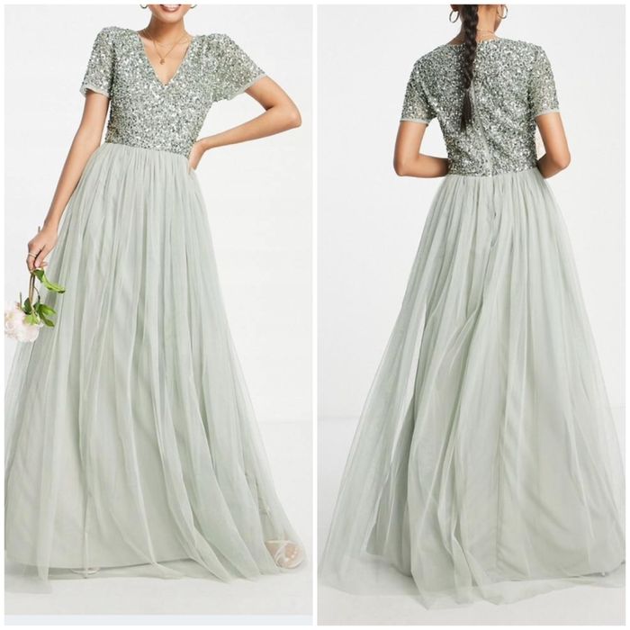 Maya deluxe cekinowa sukienka maxi tiulowa 36 s 38 m szałwiowa