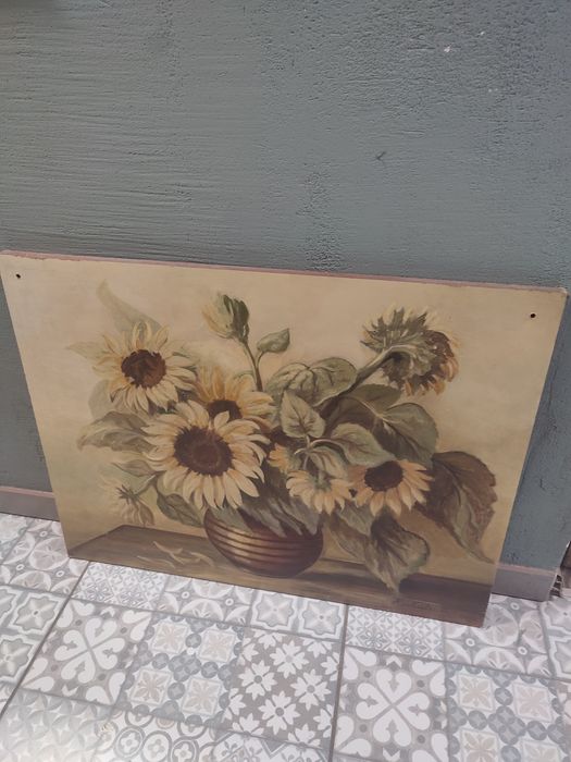 Obraz słoneczniki malowany na desce vintage