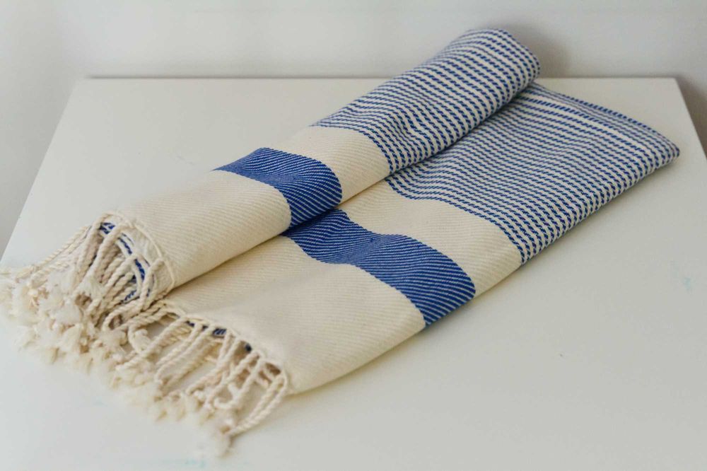 Wielofunkcyjny Bawełniany ręcznik Pestemal 100x180 niebiesko kremowy