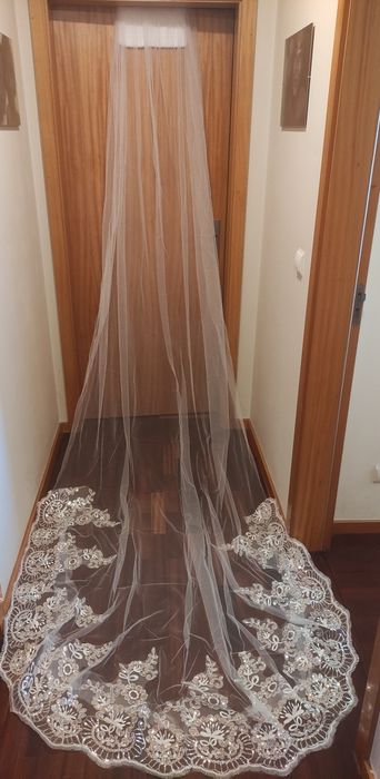 Véu Noiva Tule Renda Lantejoulas Pérola 4M