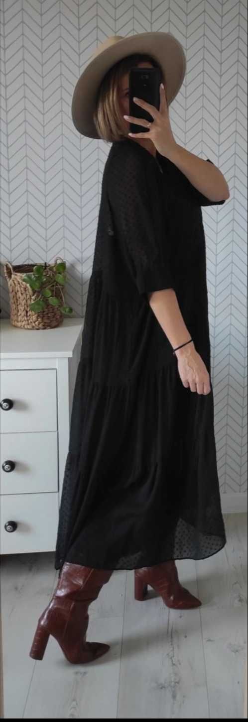 Zara czarna dluga szyfonowa sukienka w stylu boho oversize M/L
