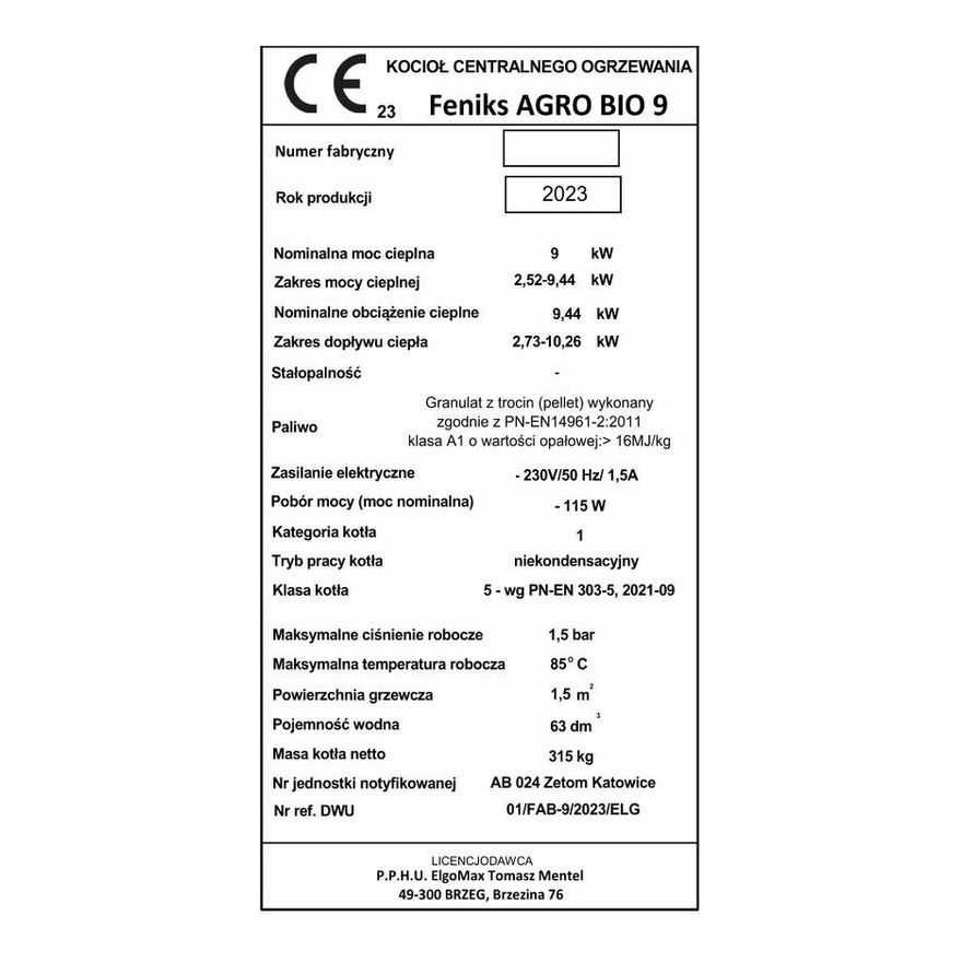 HIT - Kocioł na pellet FENIKS AGRO BIO 9kW ECODESIGN 5 Klasa Lista ZUM