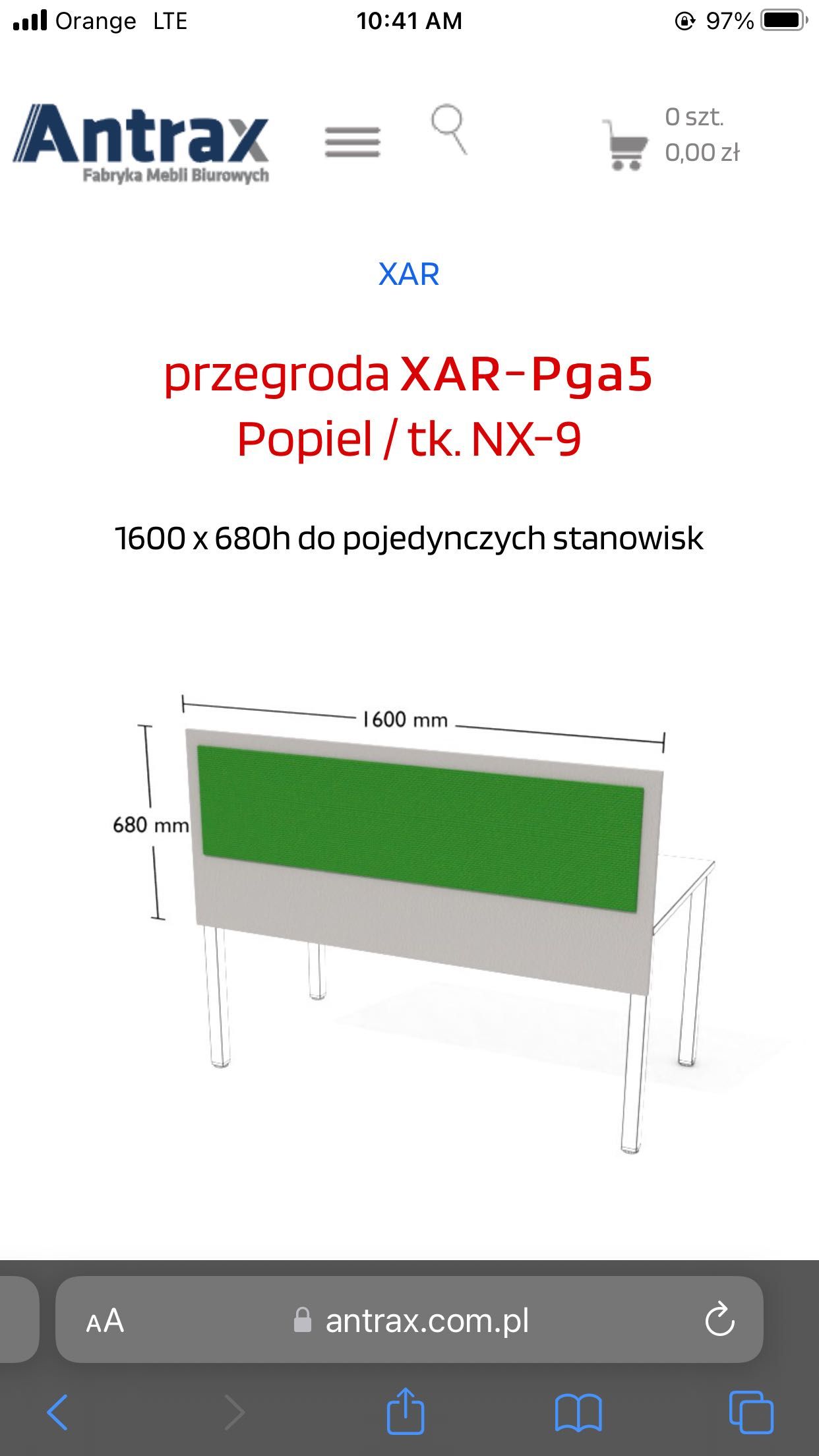 Przegroda do biurka XAR-Pga5 Popiel / tk. NX-9   1600 x 680h