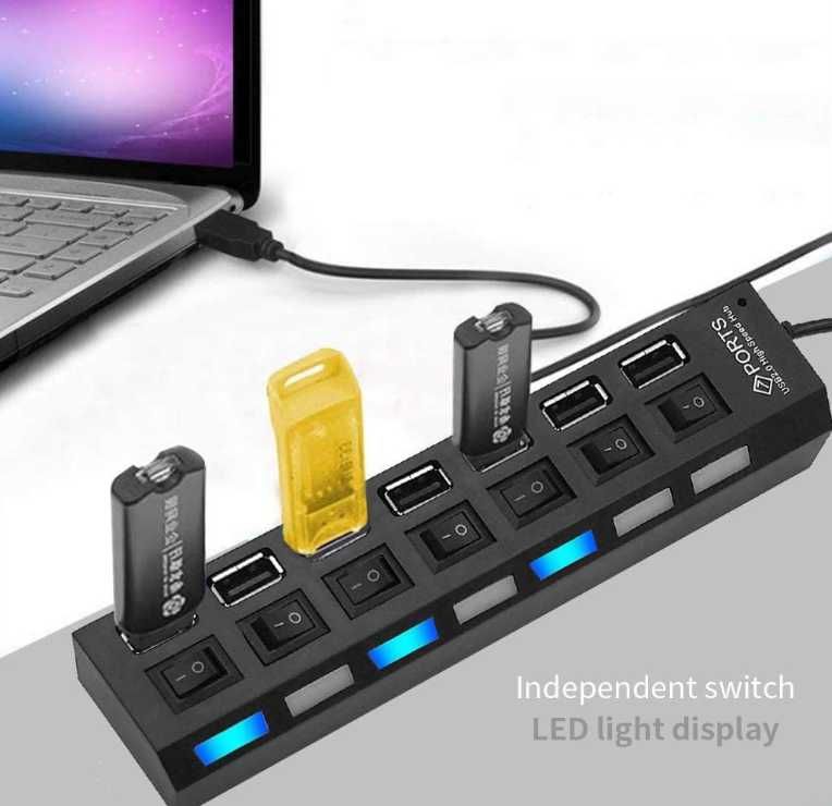 Aussel podświetlany HUB USB 7x  z włącznikami PC MAC PS4 LED Xbox Mac