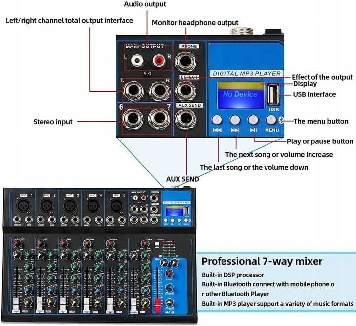 Depusheng HT7 mikser audio 7-kanałowy, Bluetooth, USB, efekt DSP