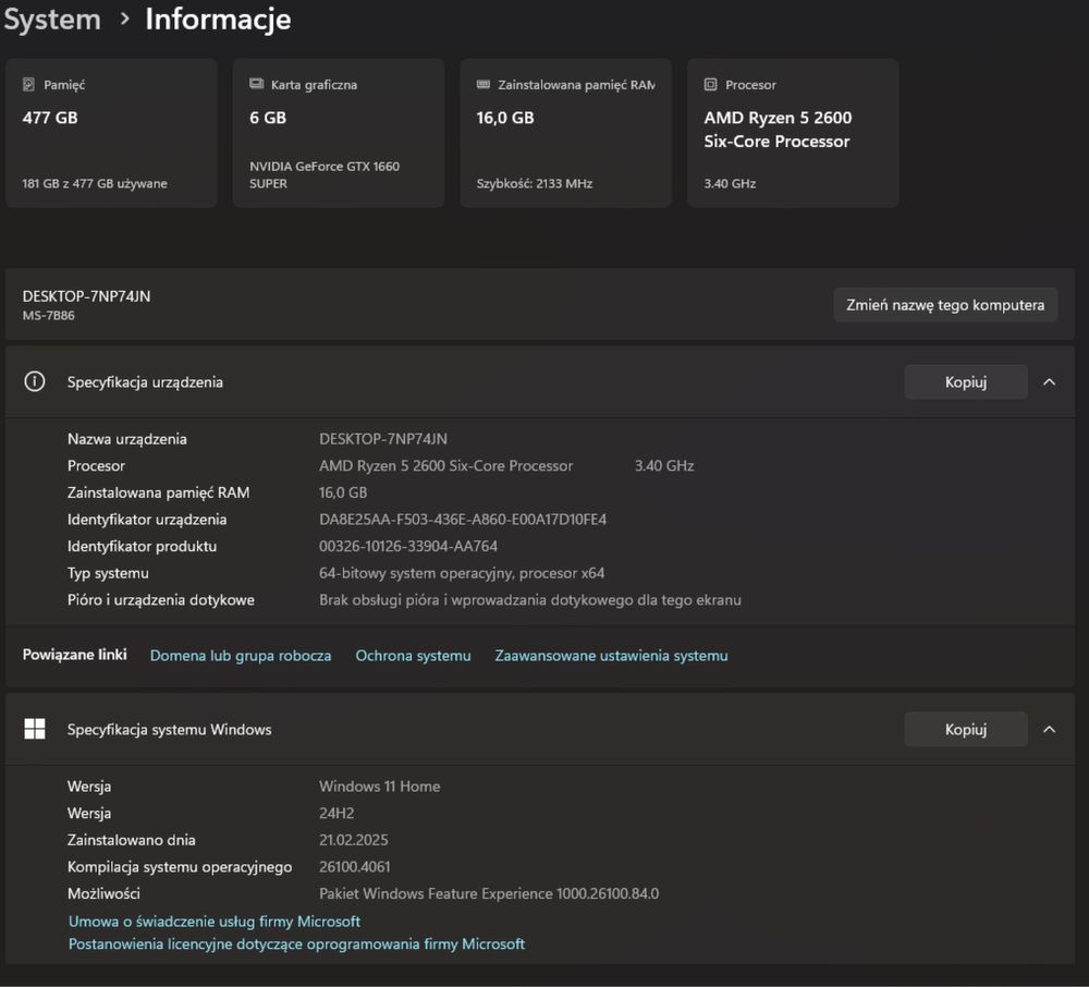Komputer pc ryzen 5 2600/gtx 1660 super/16gb ram/2 monitory