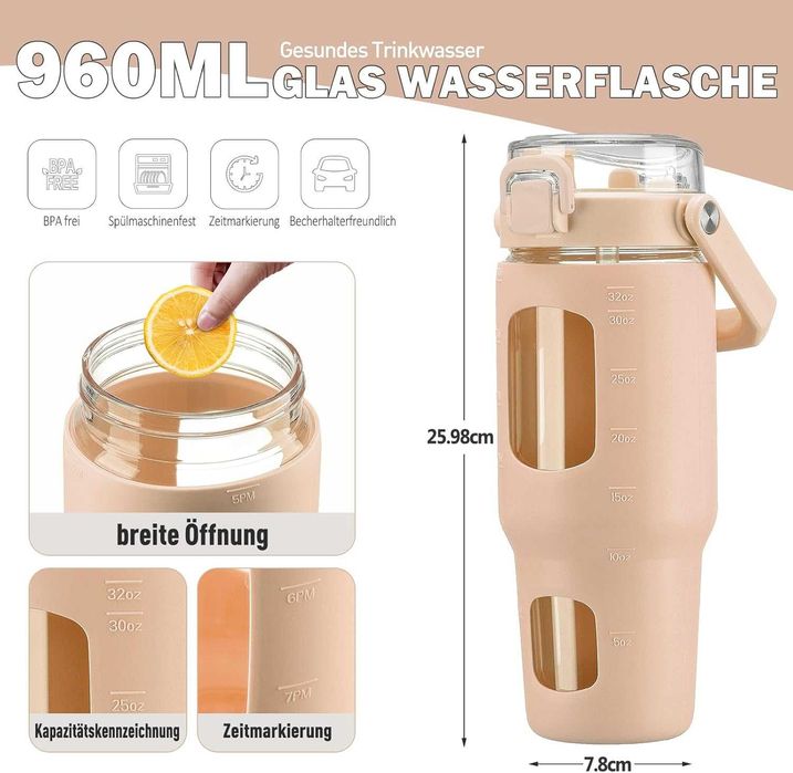 HYDRAGLAZIC Szklana butelka na wodę 960ml z pokrywką słomką