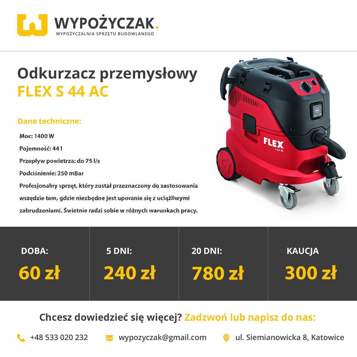 Odkurzacz przemysłowy / budowlany / do pyłu / sucho i mokro - WYNAJEM
