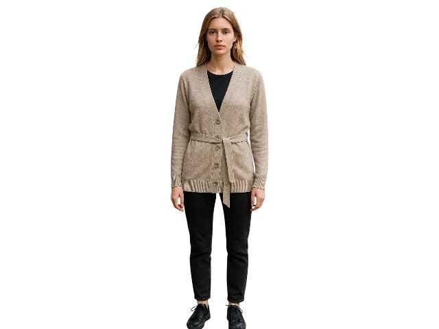 Kardigan Sisley beżowy S wełna długi zapinany z paskiem