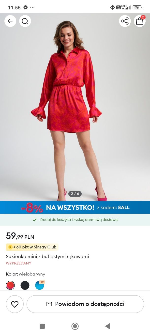 Nowa sukienka satynowa bufiasta mini długi rękaw Sinsay 40 koszulowa