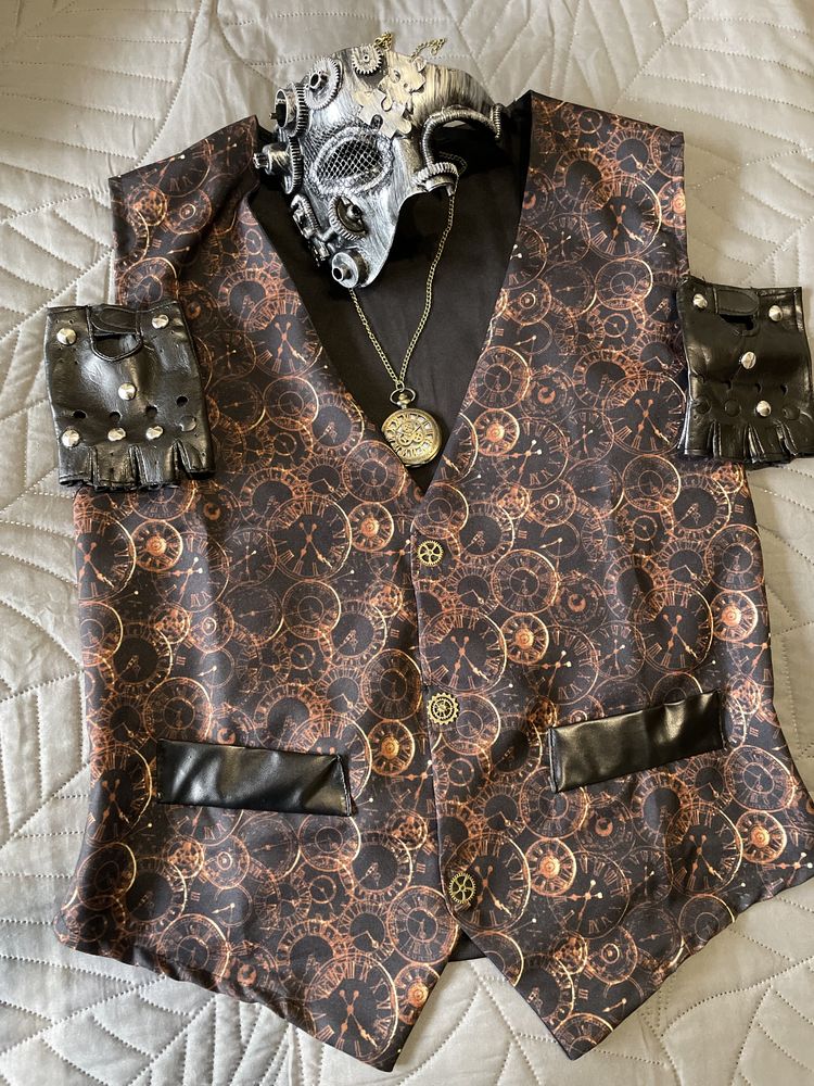 Przebranie STEAMPUNK (kamizelka, maska, rękawiczki, zegarek)