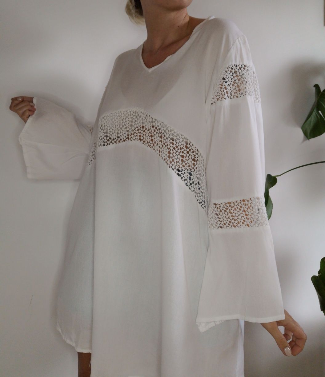 Długa biała koszula oversize boho 100% rayon made in india