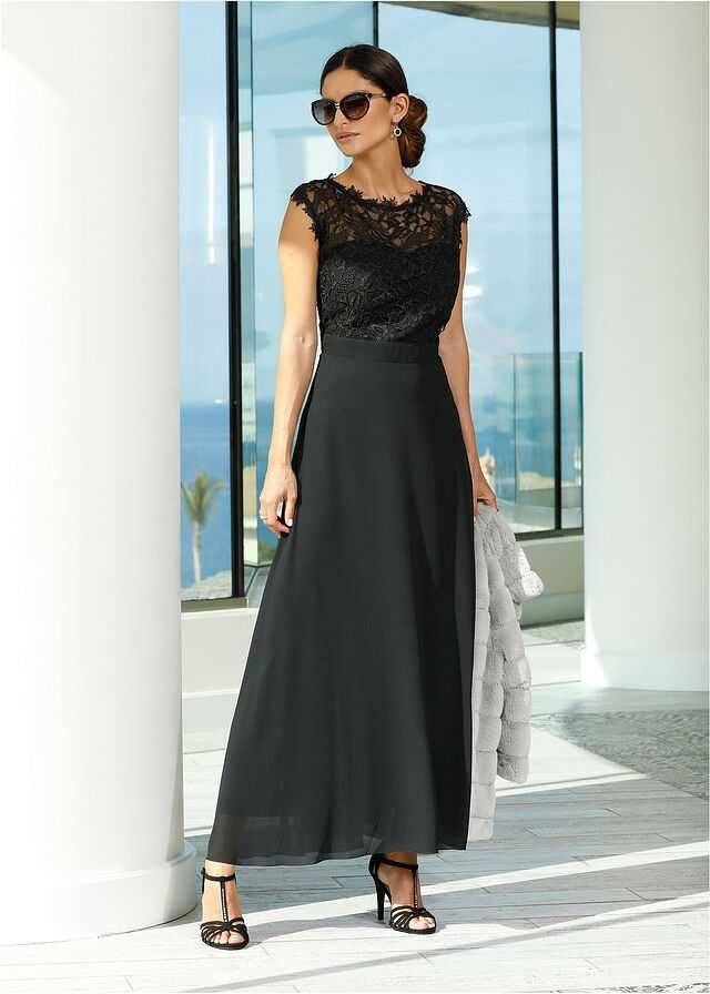 Elegancka szyfonowa czarna sukienka gipiura 36