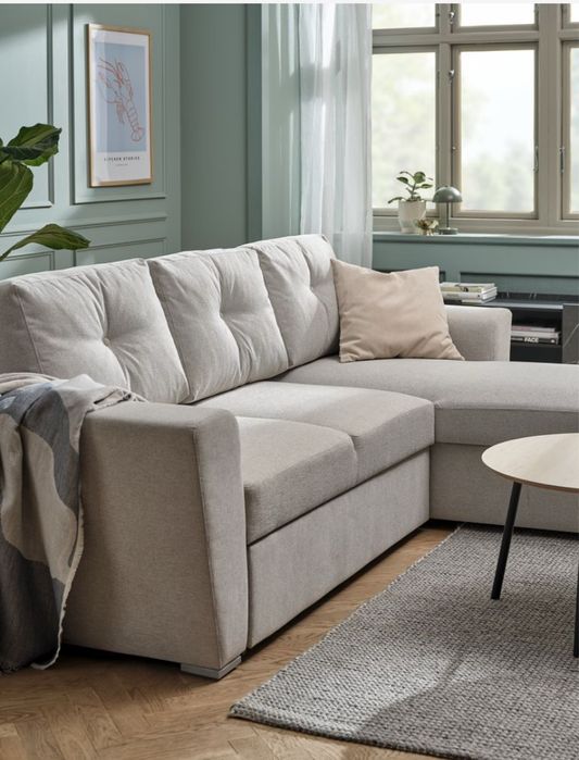 Kanapa narożnik Vejlby rozkładana jasna kremowa ze schowkiem