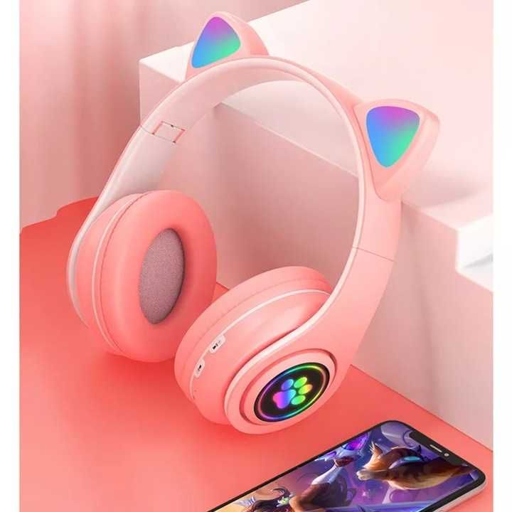 Słuchawki bezprzewodowe bluetooth kocie uszy led kolor: RÓŻOWE NOWE