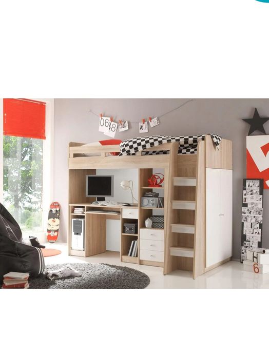 Łózko piętrowe z szafą i biurkiem