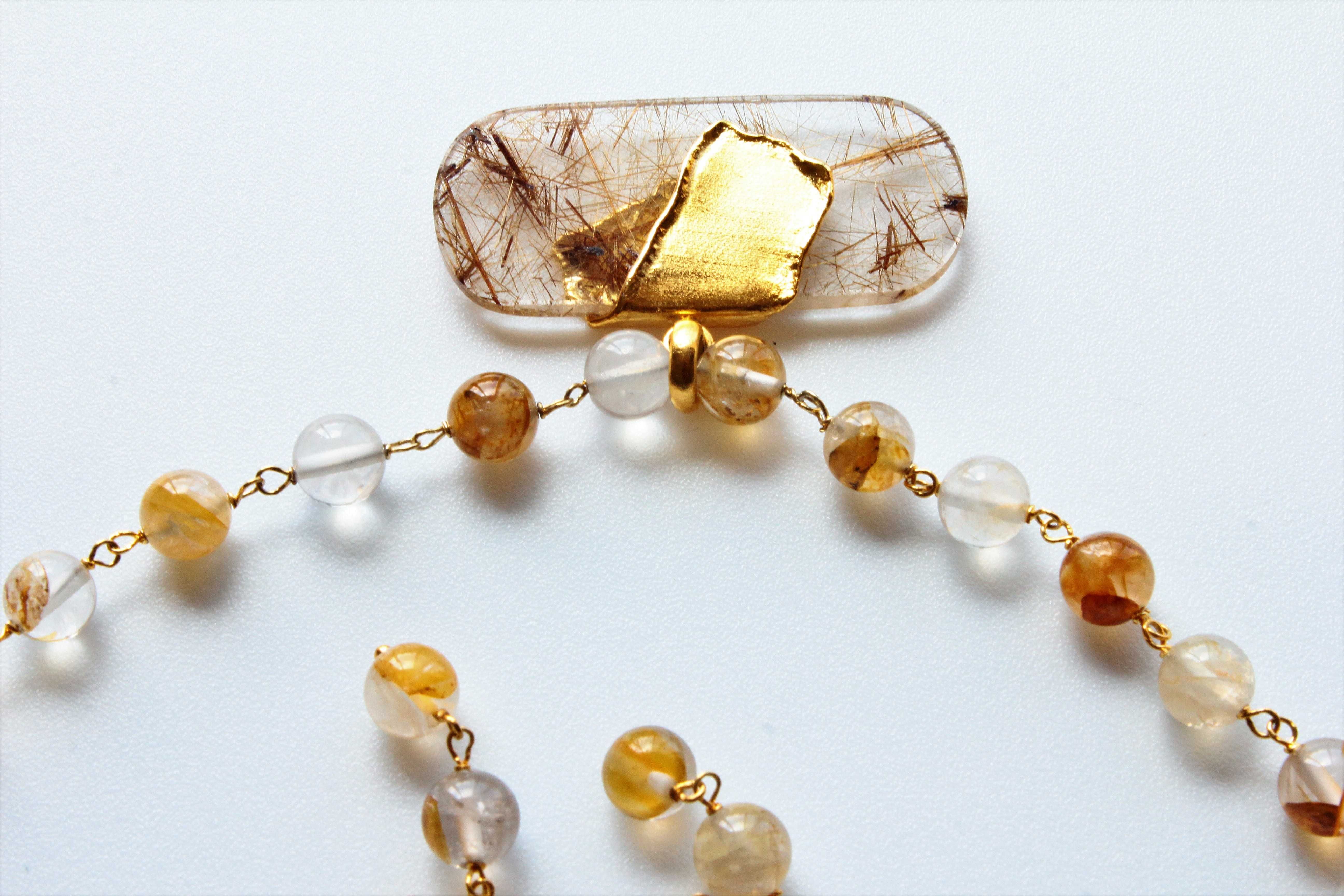 Colar e Brincos em Quartzo Rutilado Dourado