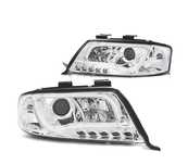 FARÓIS COM LUZ DIURNA LED TFL AUDI A6 4B 97-01 FUNDO CROMADO