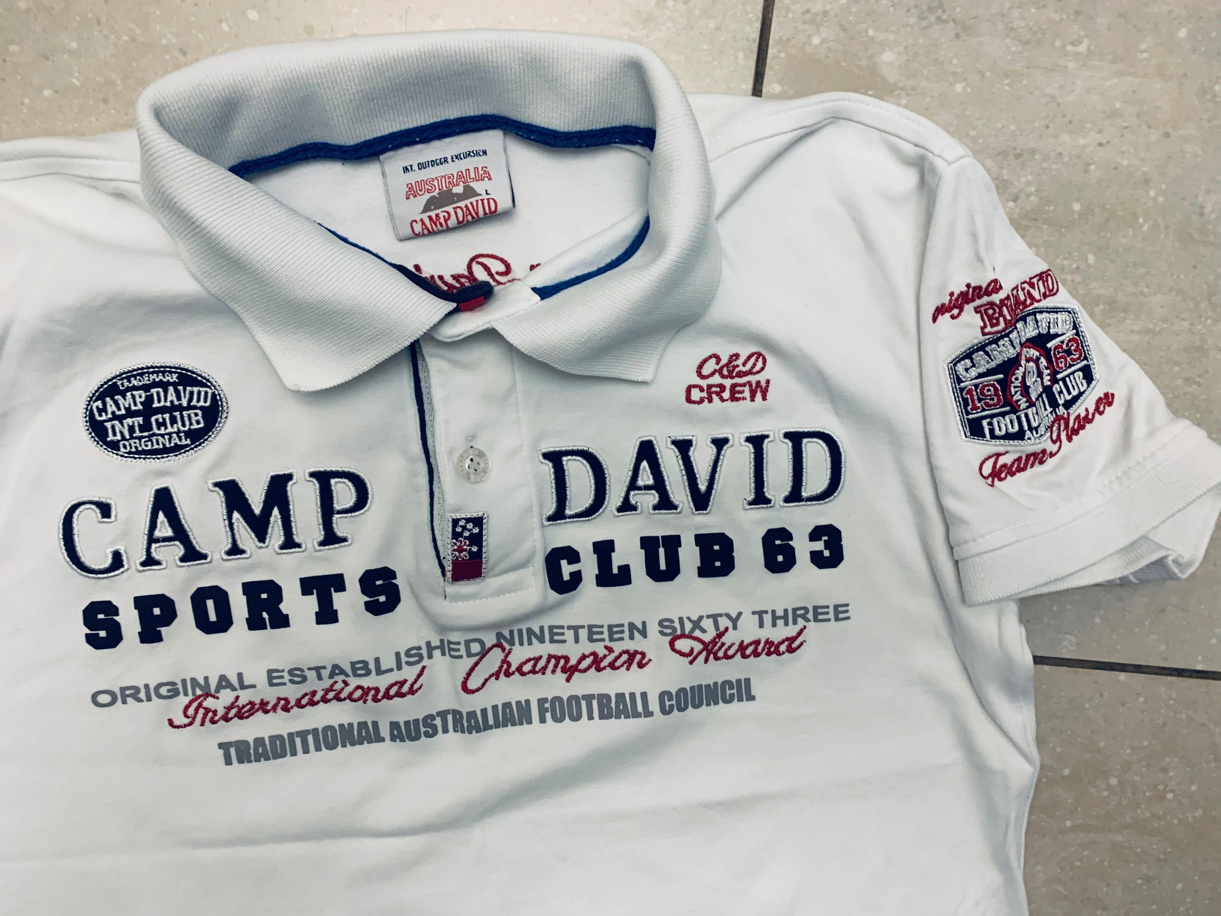 Camp David męska markowa koszulka polo, bawełna  L/M napisy i naszywki