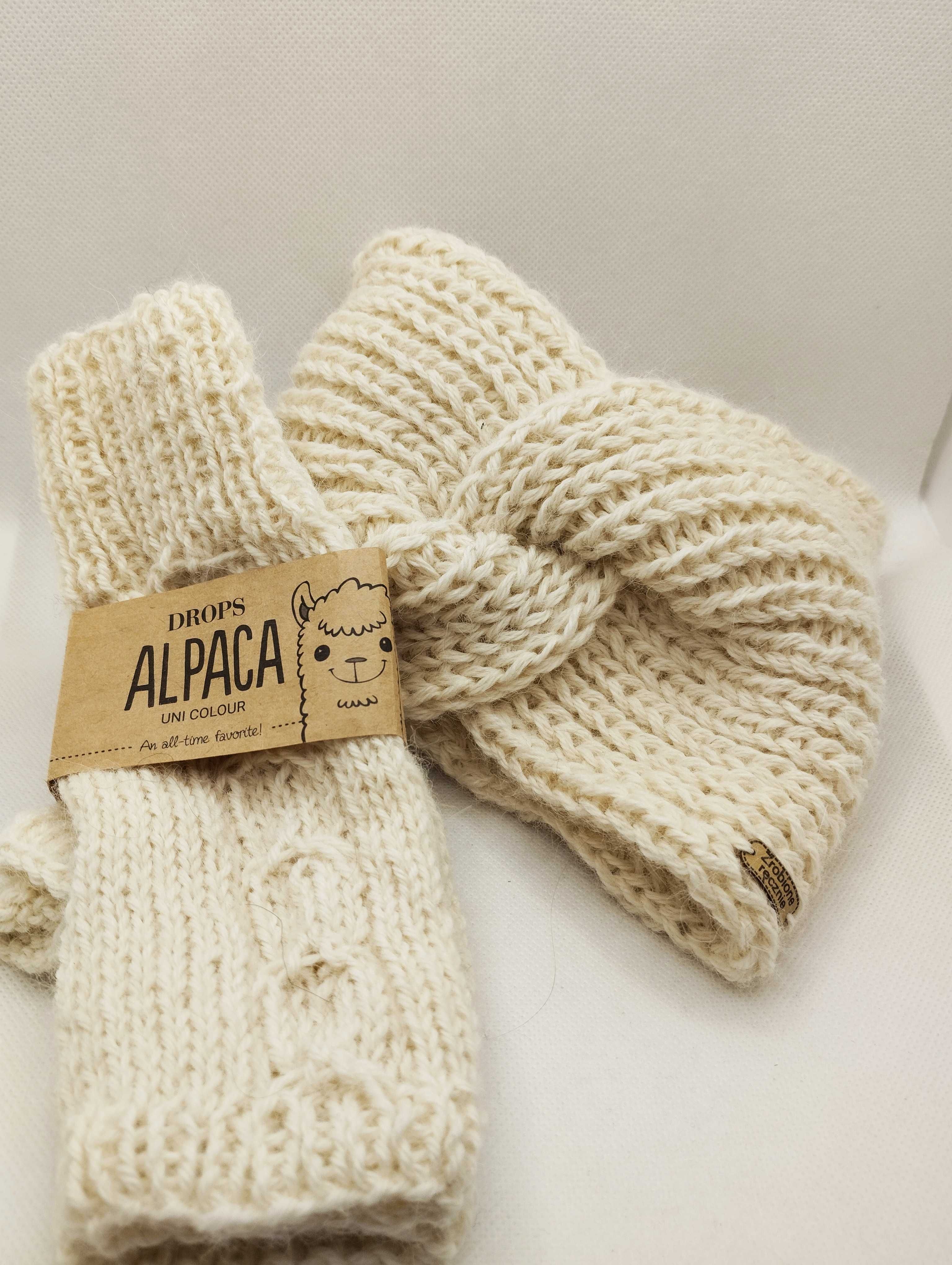 Komplet: opaska; turban; mitenki; alpaka 100%; handmade; ecru