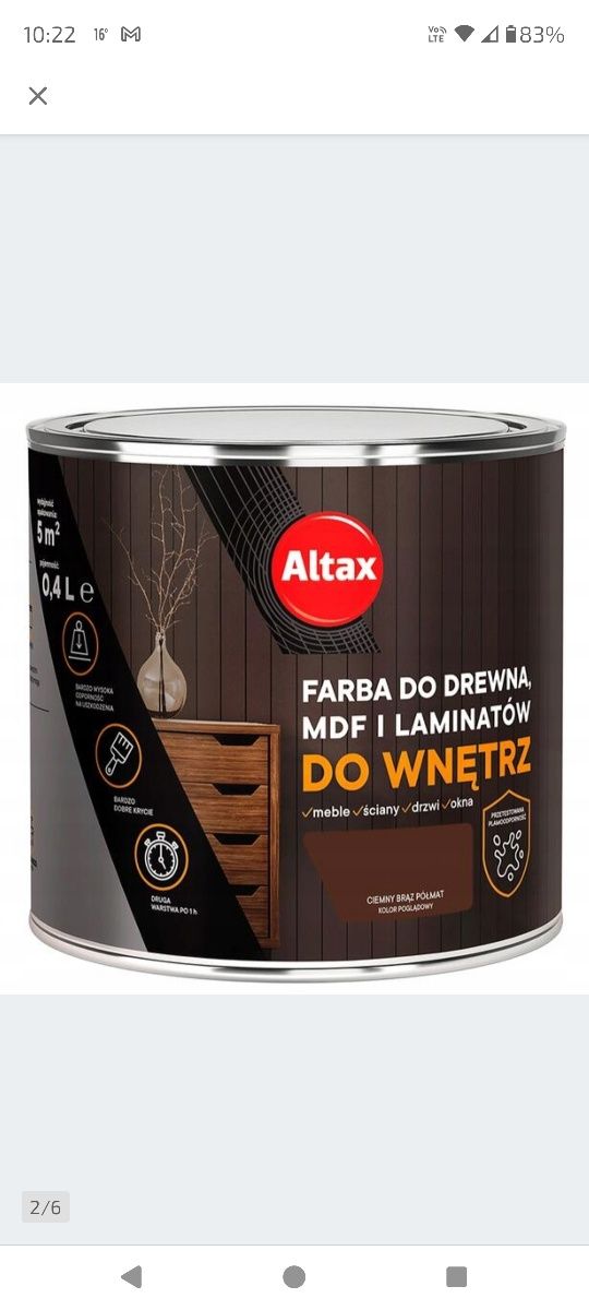 Altax farba do drewna mdf 0,4l brąz ciemny półmat