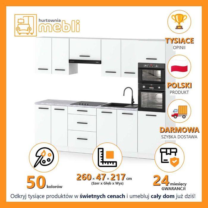 Kuchnia Marra 2.6m Ze Słupkiem Zestaw Modułowy Z Blatem Duży Pojemny