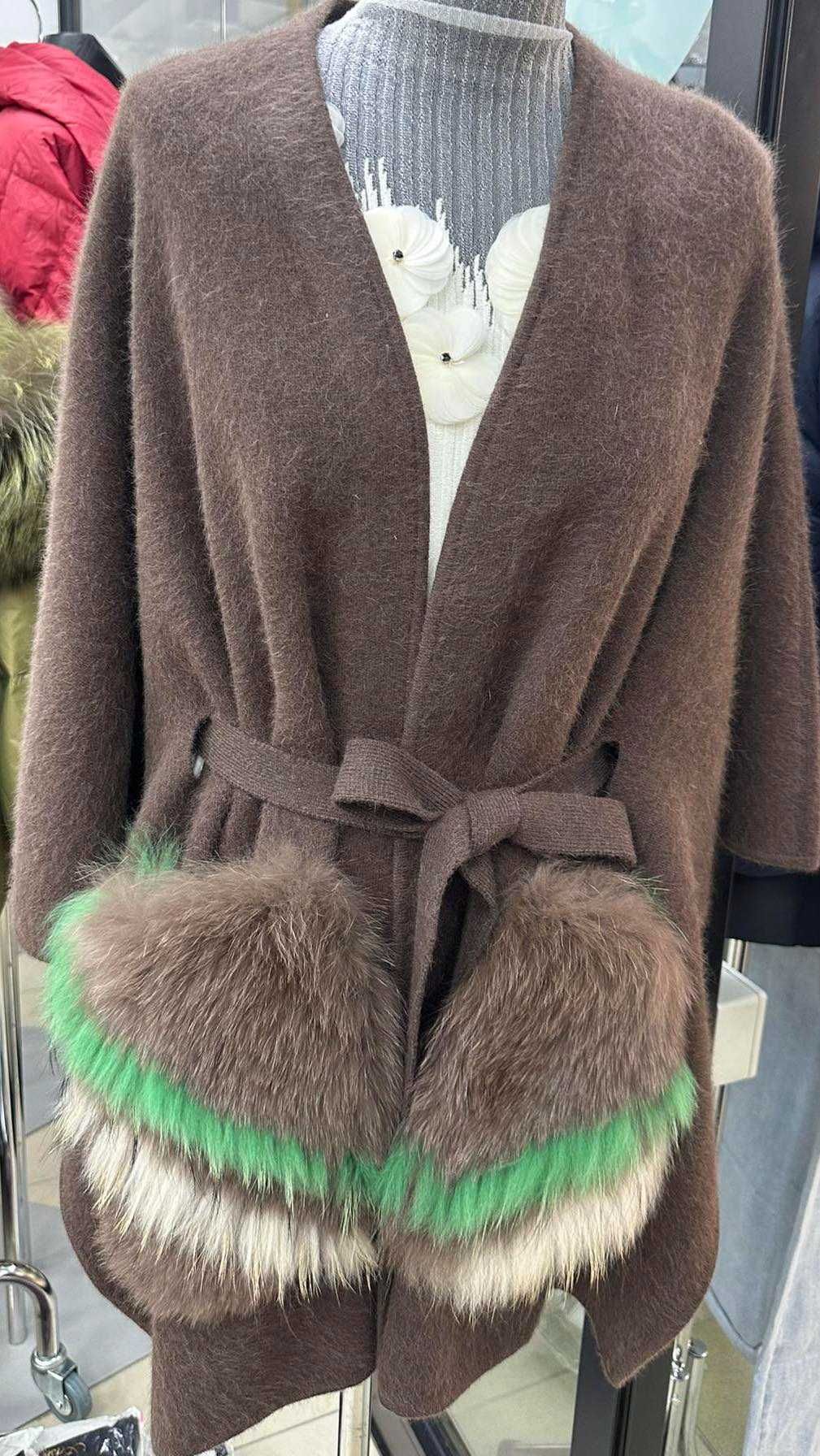 Sweter długi z futrem lis naturalny