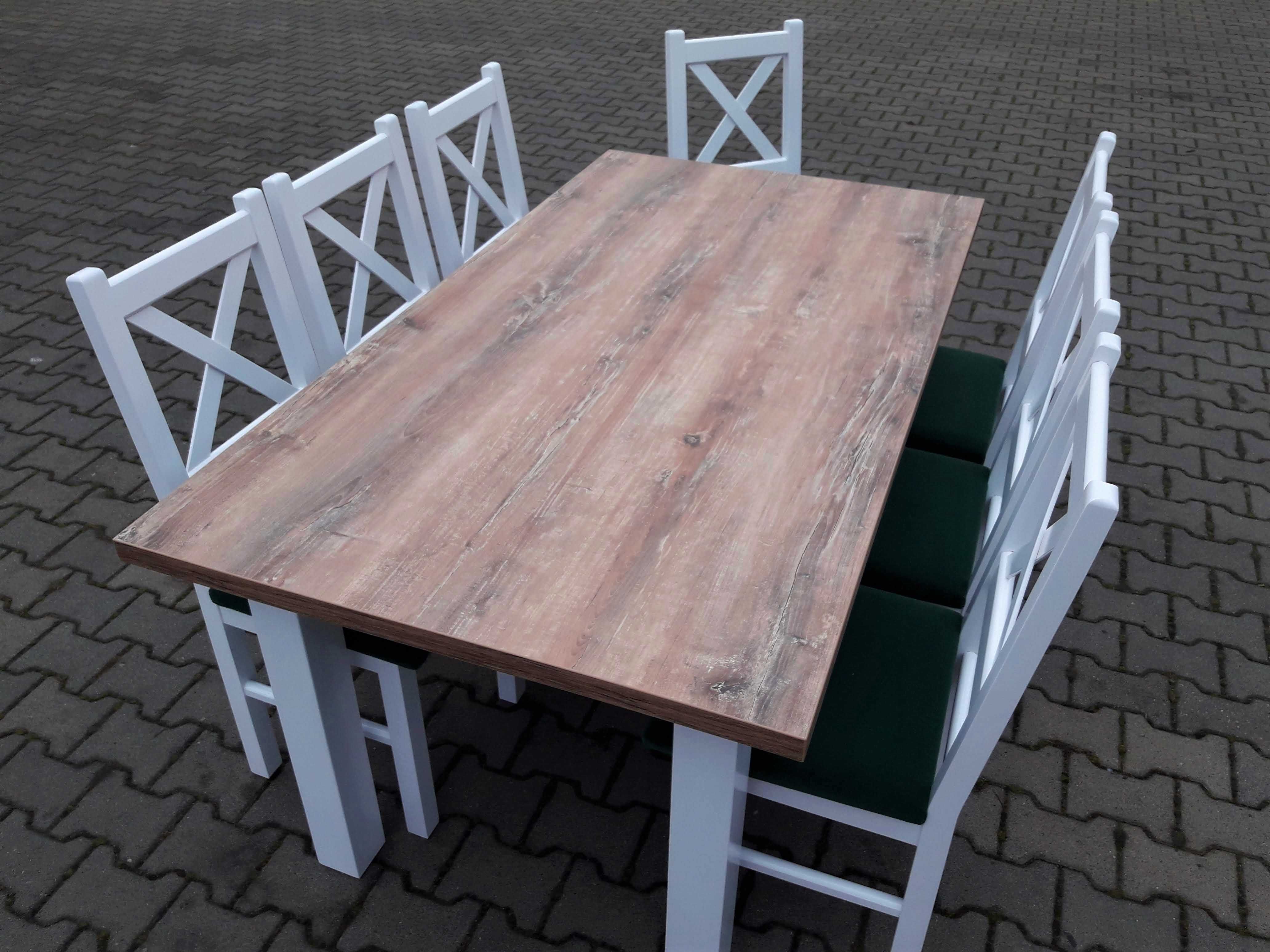 Stol 185/244x95+8 krzesel krzyzowe biale+blat drewno retro