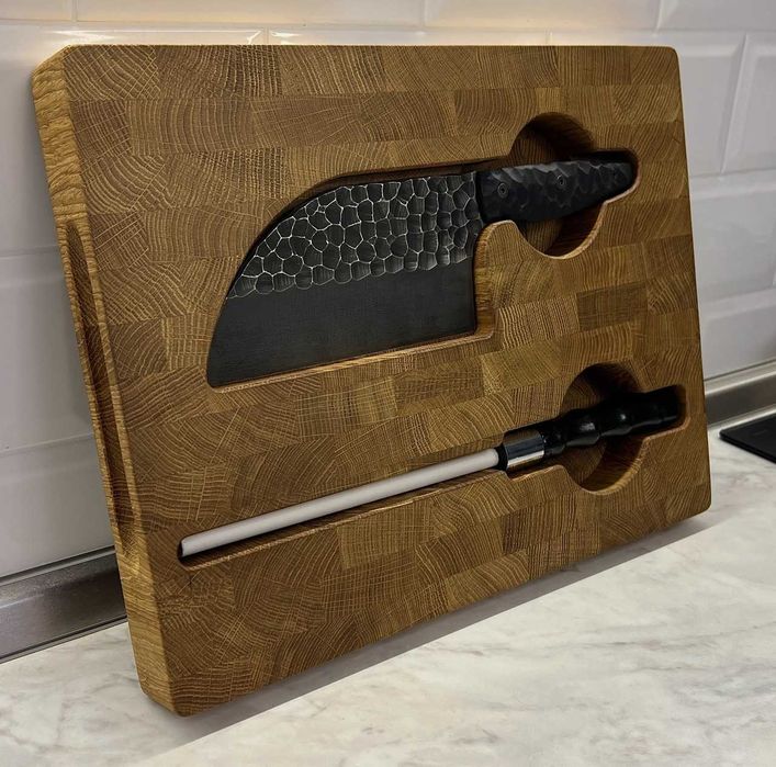 Торцева дошка дуб з тяпкою Серб+ мусат DS34 Торцевая разделочная доска