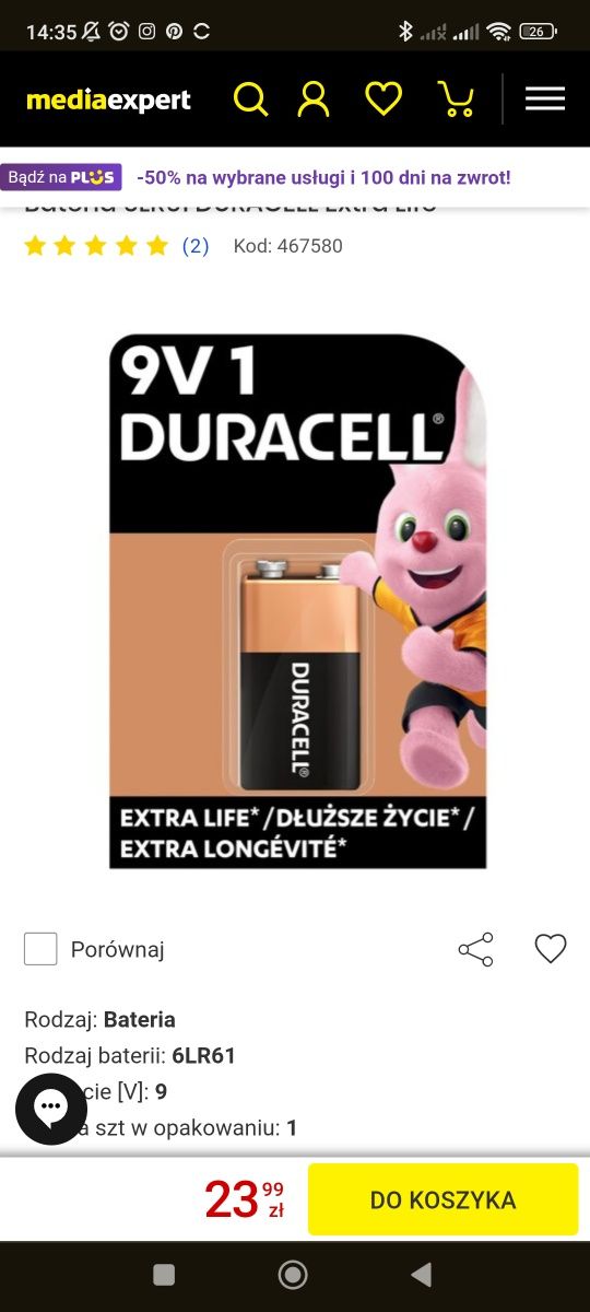 Baterie 9V 6LR61 DURACELL Extra Life