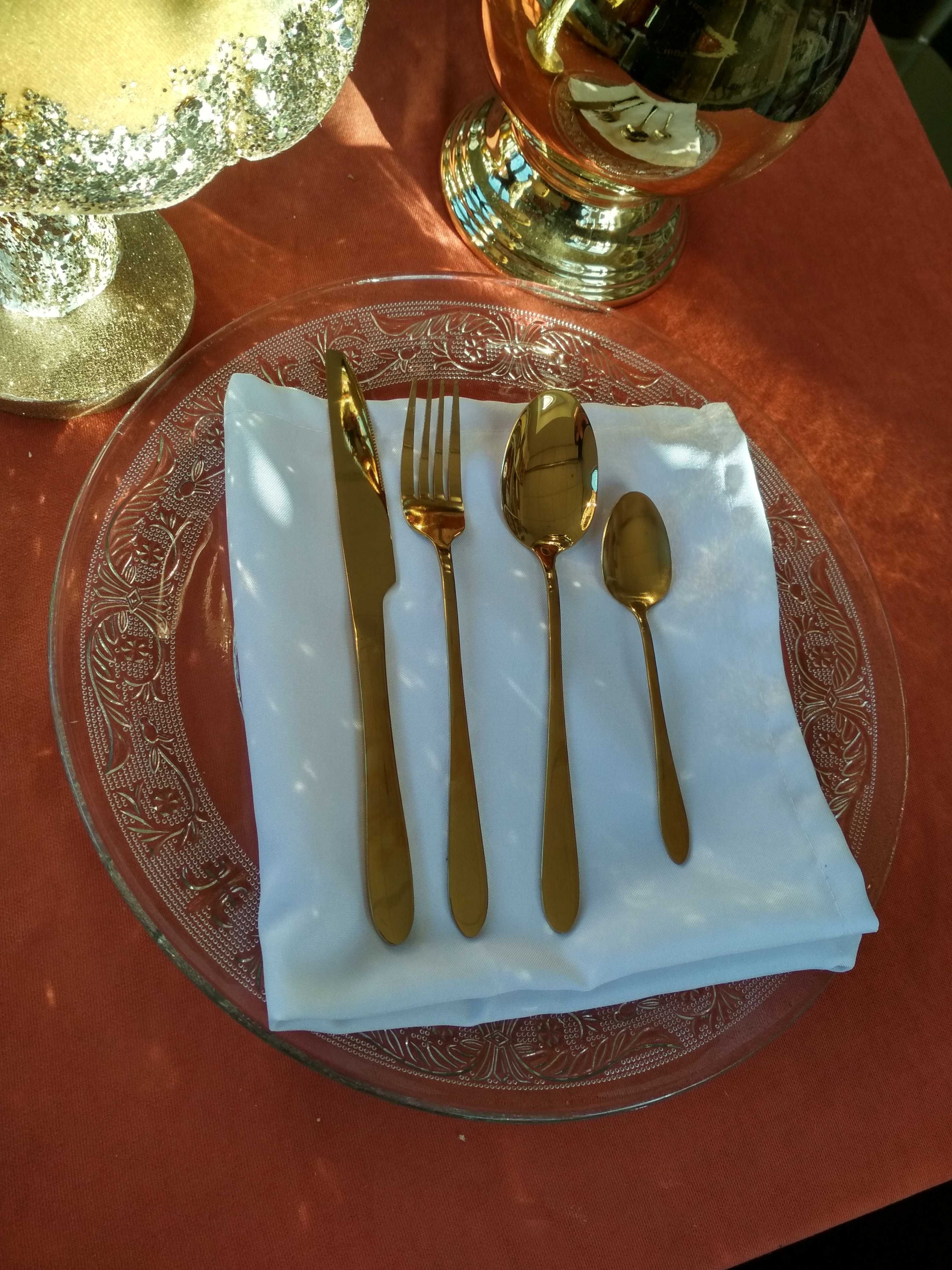 Sztućce złote WYPOŻYCZALNIA eleganckie komplet ozdoba stołu wesele