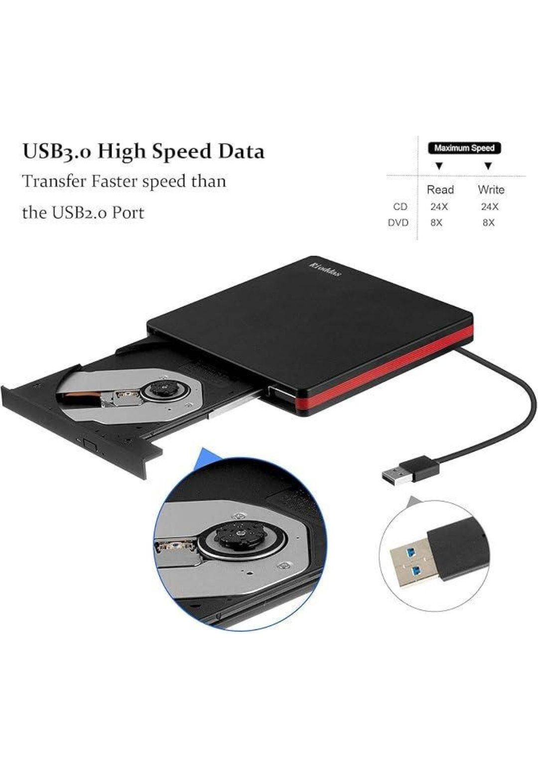 Зовнішній привод компакт-дисків Rioddas, USB 3.0 портативний привід .