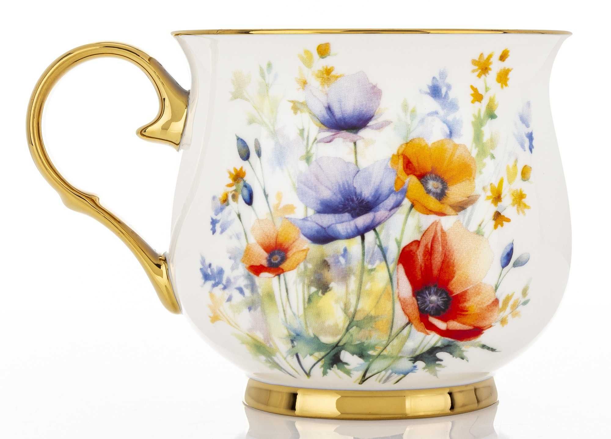 Kubek Porcelanowy Filiżanka do Kawy Herbaty 450 ml Biały Kwiaty Złoty
