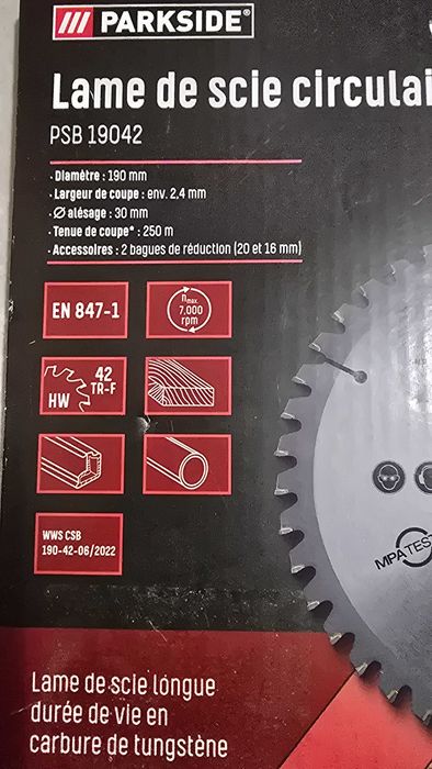 PARKSIDE PSB19042 Tarcza Widia do Drewna 190x30mm 42T Redukcja 20,16mm