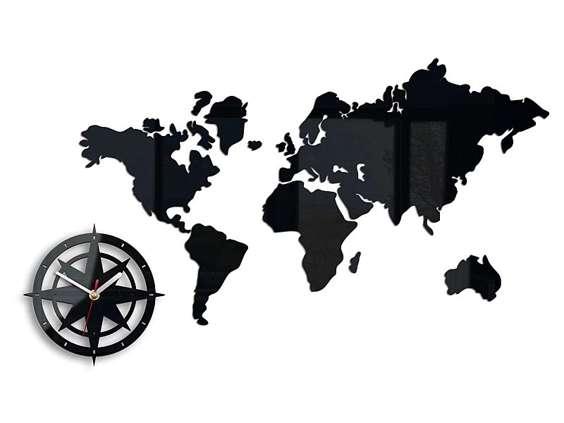 Zegar Ścienny Mapa Świata World2 Czarny Duży Cichy