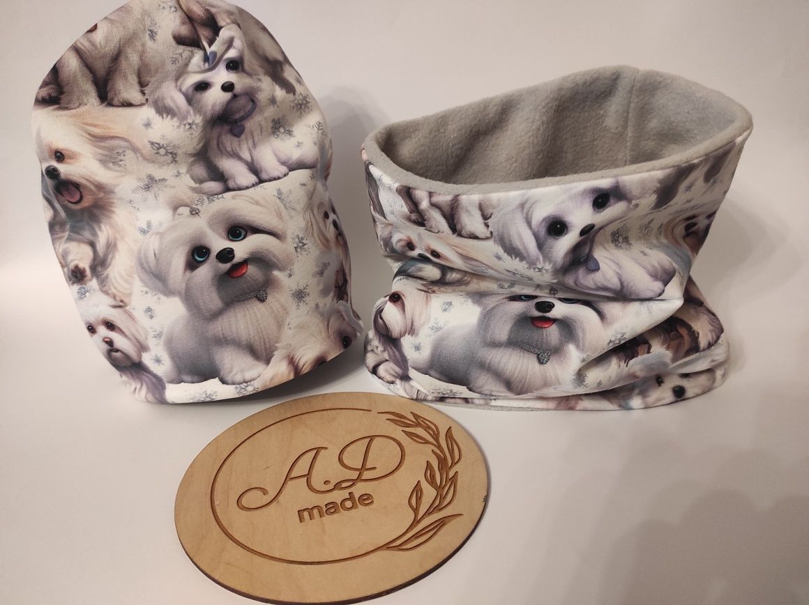 Komplet czapka komin Pieski psiaki Shihtzu zimowy ocieplany