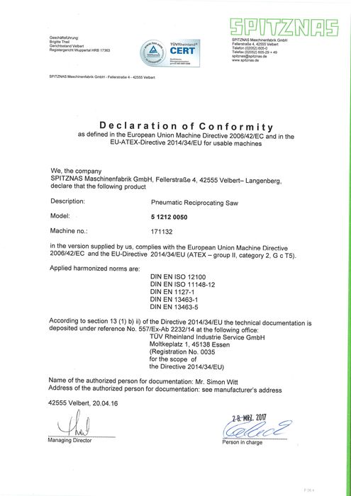 Serrote de corte pneumático ATEX marca SPTIZEAZ