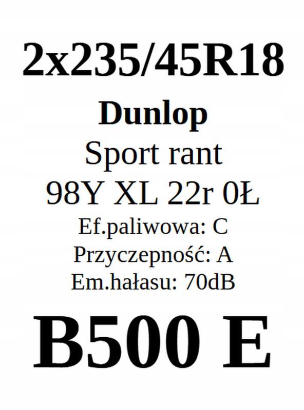 2x 235/45r18 Dunlop Sport 98y 2022r 6,27mm C/A/70dB