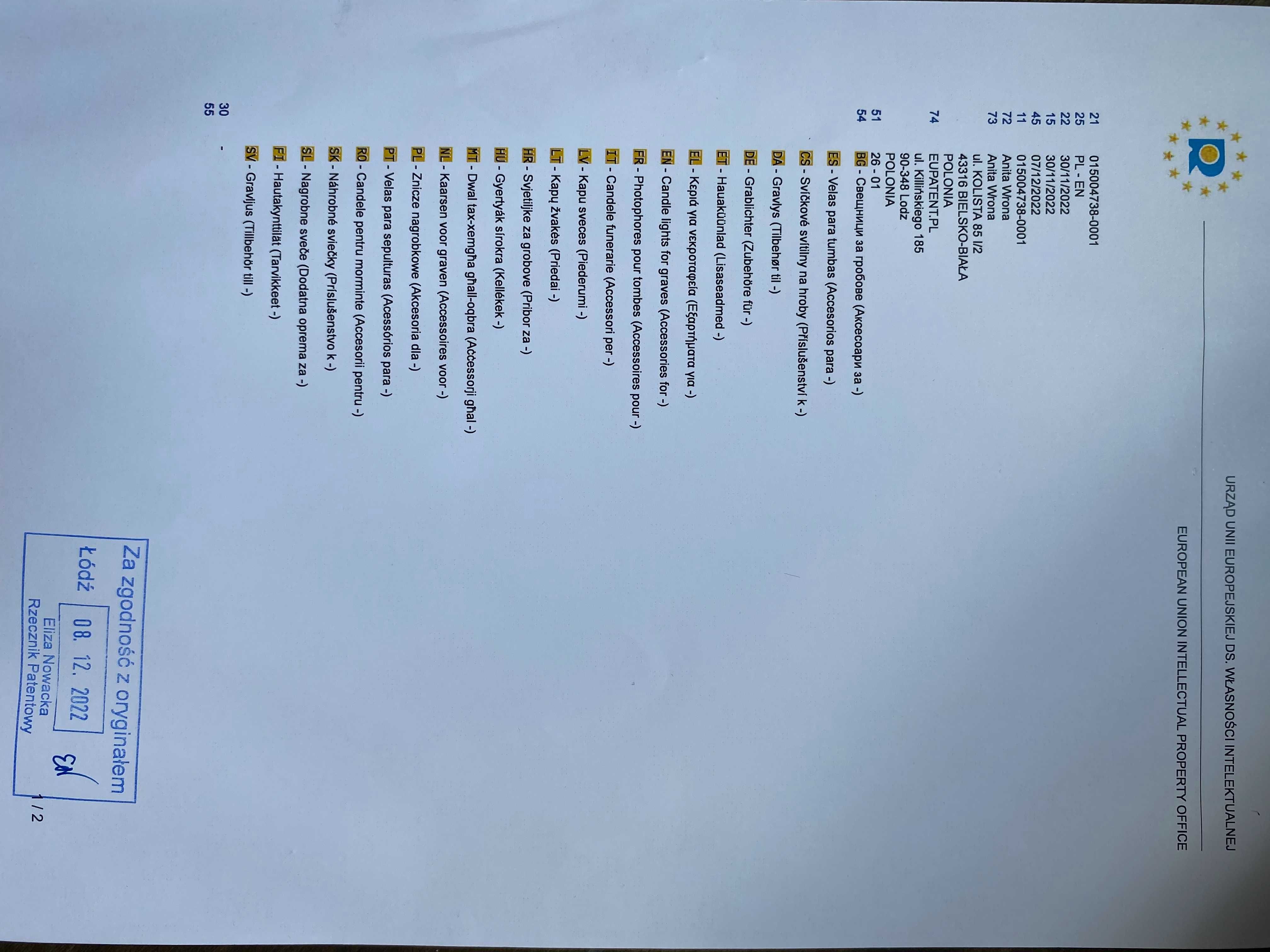 EUIPO PATENT Europejski sprzedam Podstawki pod znicze