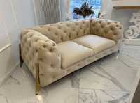 Sofa 2 osobowa chesterfield glamour kremowa pikowana