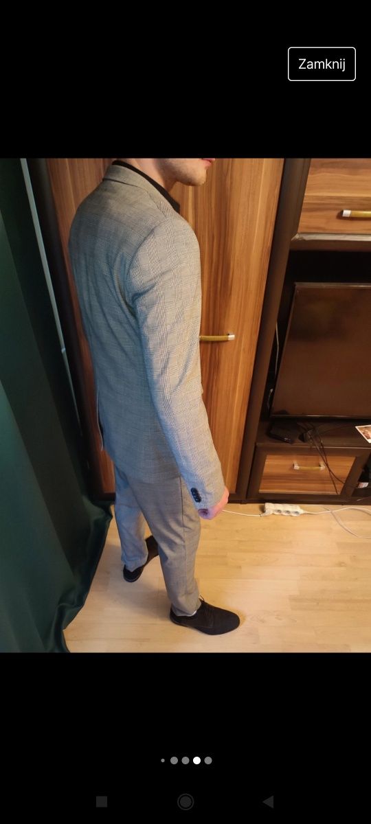 Garnitur męski ślubny szary kratka wesele jak nowy 50 5XL
