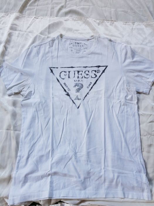 GUESS XL t-shirt biały czarne box log triangle retro