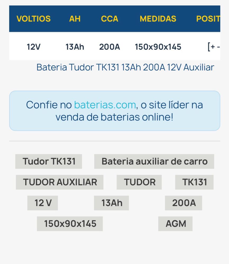 Baterias Tudor auxiliar start-stop para carros e motos