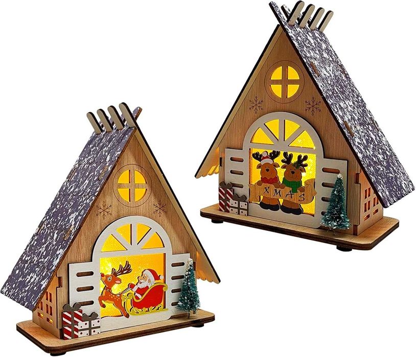 Drewniane Domki Chatki Świąteczne LED Zestaw 2 szt. na Boże Narodzenie